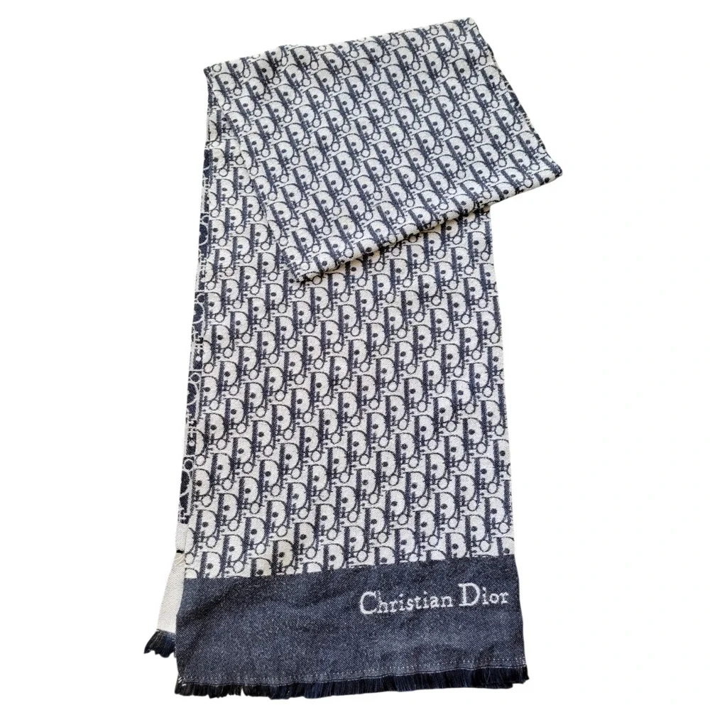 Christian Dior MONOGRAM Oblique 100% Cashmere Scarf Navy Blue & Cream 74